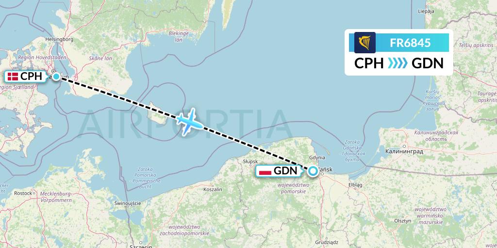 FR6845 Ryanair Flight Map: Copenhagen to Gdansk