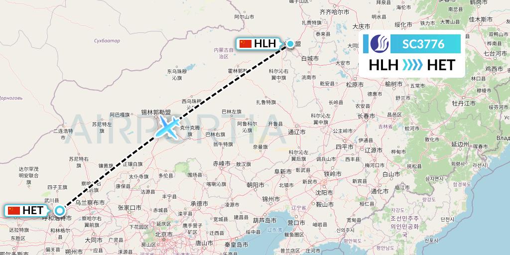SC3776 Shandong Airlines Flight Map: Ulanhot to Hohhot