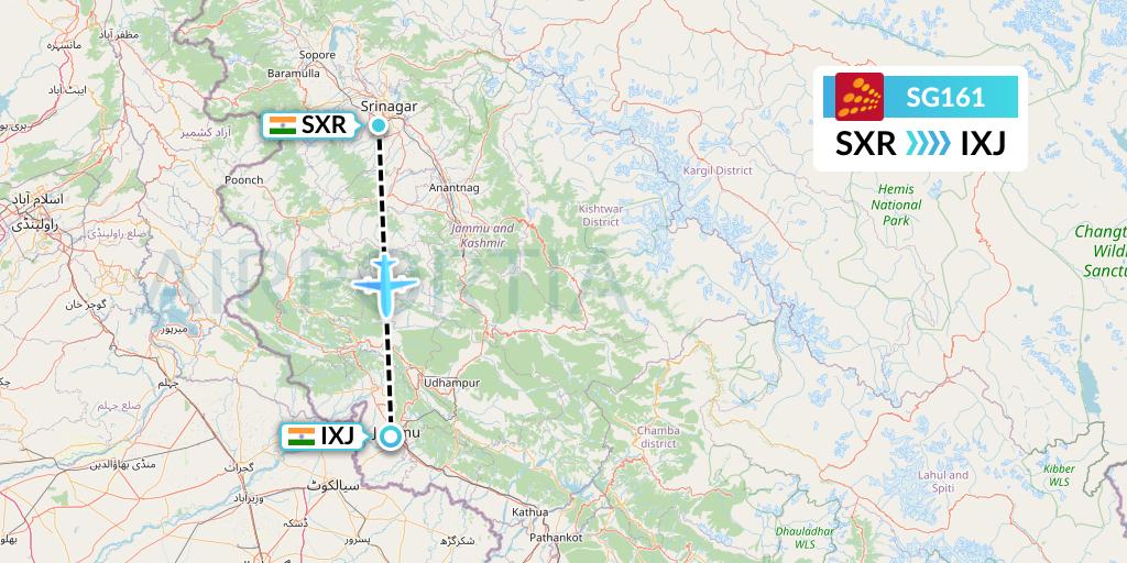 SG161 SpiceJet Flight Map: Srinagar to Jammu