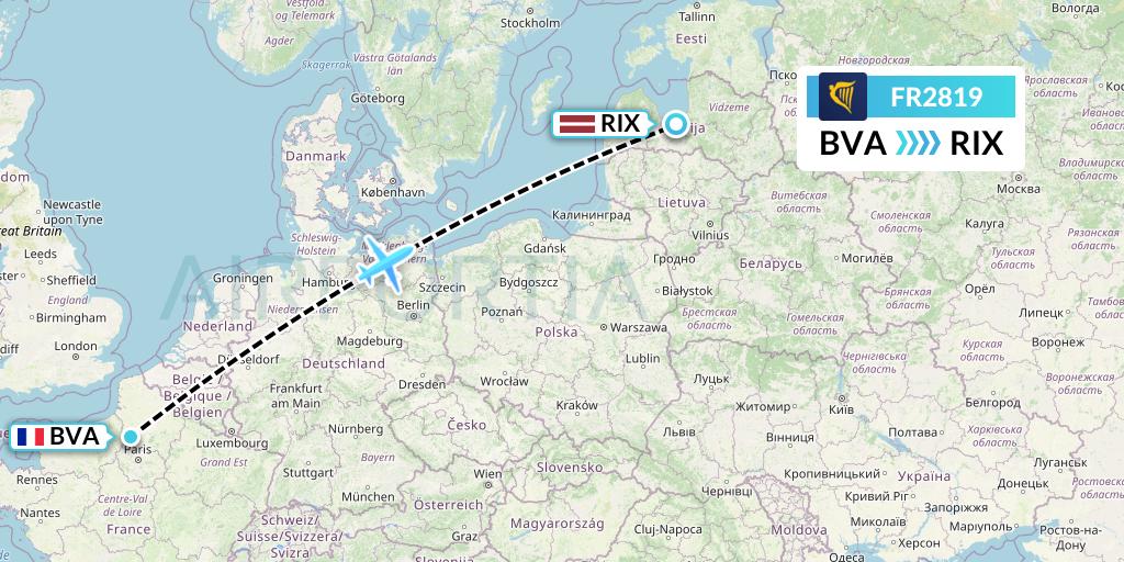 FR2819 Ryanair Flight Map: Paris to Riga