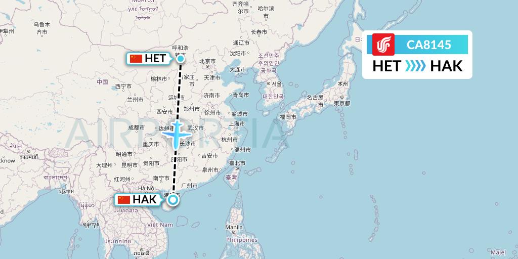 CA8145 Air China Flight Map: Hohhot to Haikou