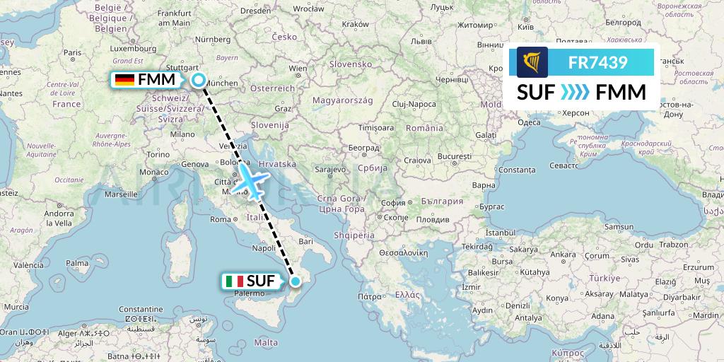 FR7439 Ryanair Flight Map: Lamezia Terme to Memmingen