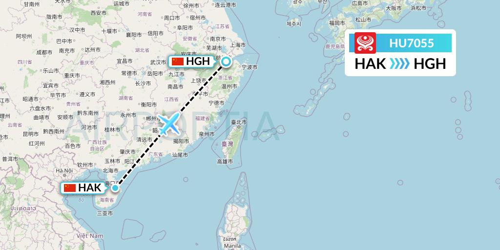 HU7055 Hainan Airlines Flight Map: Haikou to Hangzhou