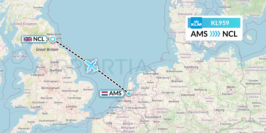 KL959 KLM Flight Map: Amsterdam to Newcastle