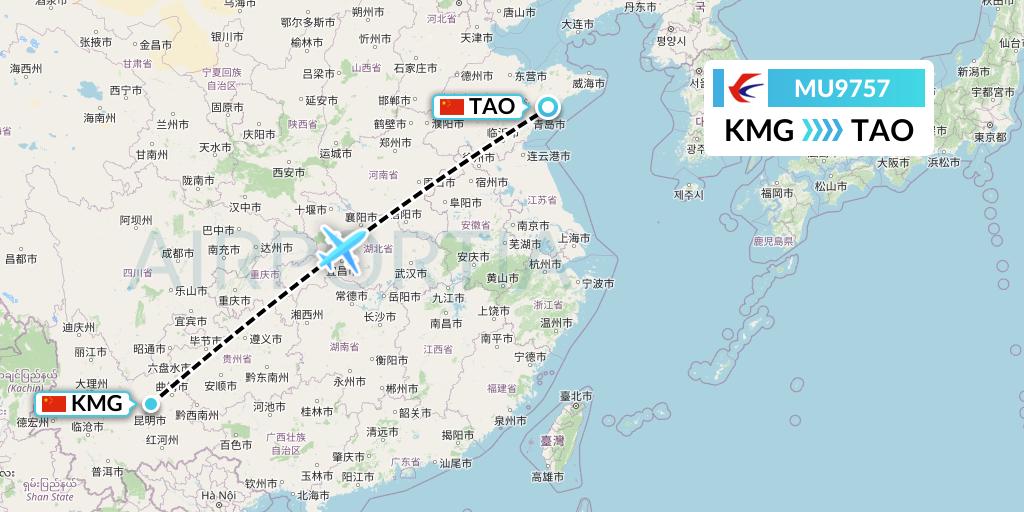 MU9757 China Eastern Airlines Flight Map: Kunming to Qingdao