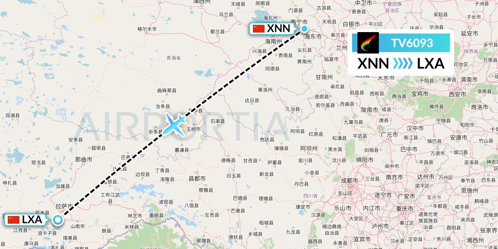TV6093 Tibet Airlines Flight Map: Xining to Lhasa