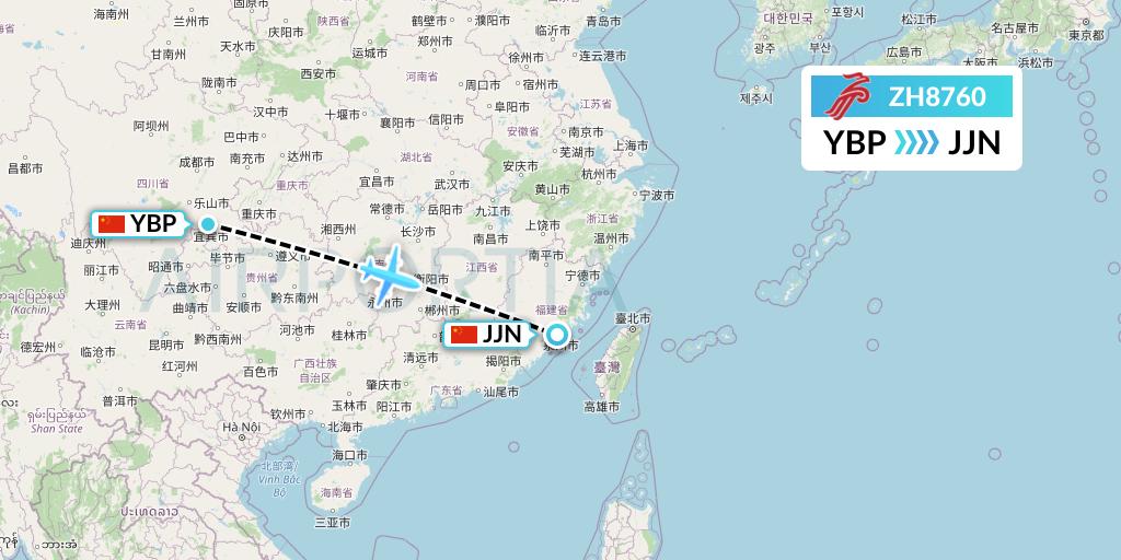 ZH8760 Shenzhen Airlines Flight Map: Yibin to Jinjiang
