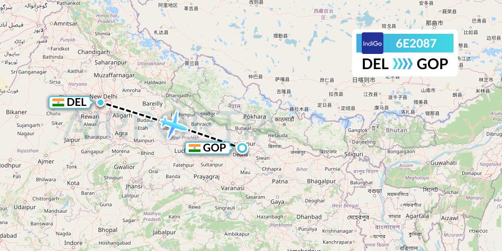 6E2087 IndiGo Airlines Flight Map: Delhi to Gorakhpur