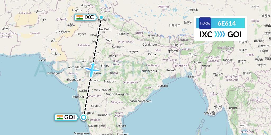 6E614 IndiGo Airlines Flight Map: Chandigarh to Goa