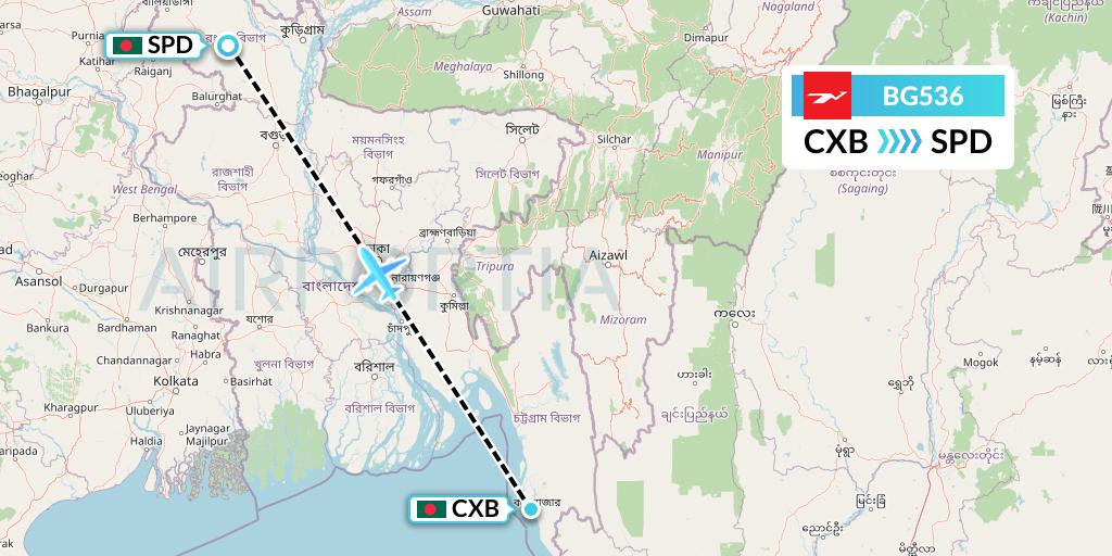 BG536 Biman Bangladesh Airlines Flight Map: Cox's Bazar to Saidpur