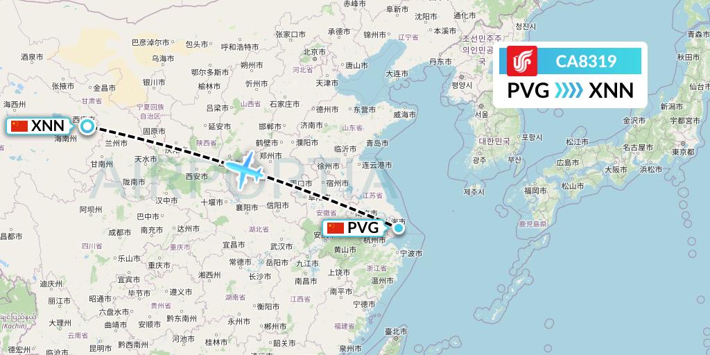 CA8319 Air China Flight Map: Shanghai to Xining