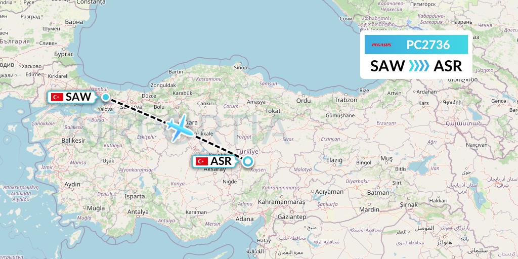 PC2736 Pegasus Airlines Flight Map: Istanbul to Kayseri