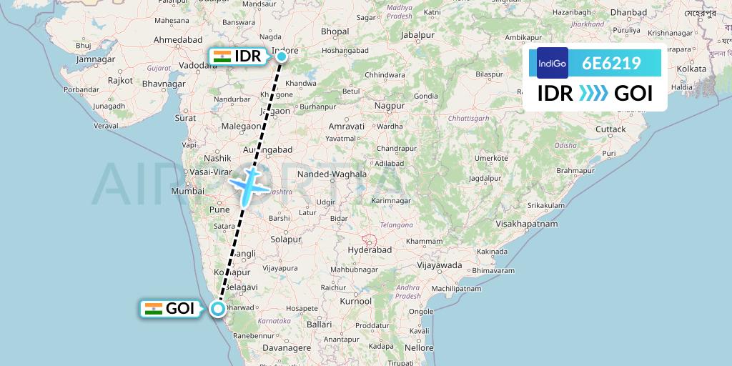 6E6219 IndiGo Airlines Flight Map: Indore to Goa
