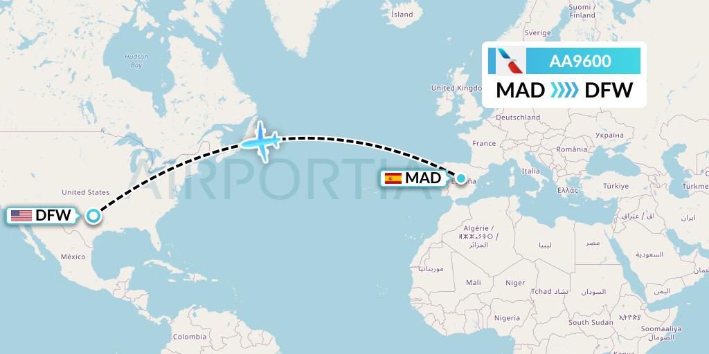 AA9600 American Airlines Flight Map: Madrid to Dallas