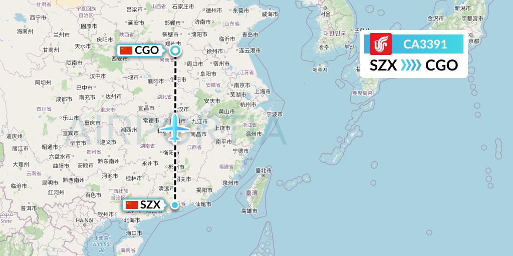 CA3391 Air China Flight Map: Shenzhen to Zhengzhou