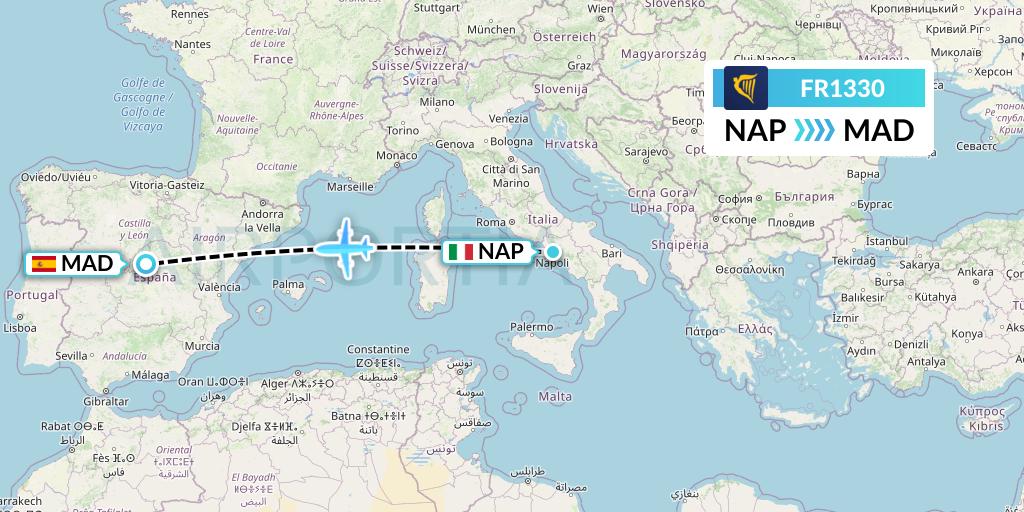 FR1330 Ryanair Flight Map: Naples to Madrid