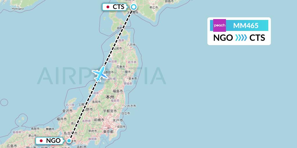 MM465 Peach Aviation Flight Map: Nagoya to Sapporo