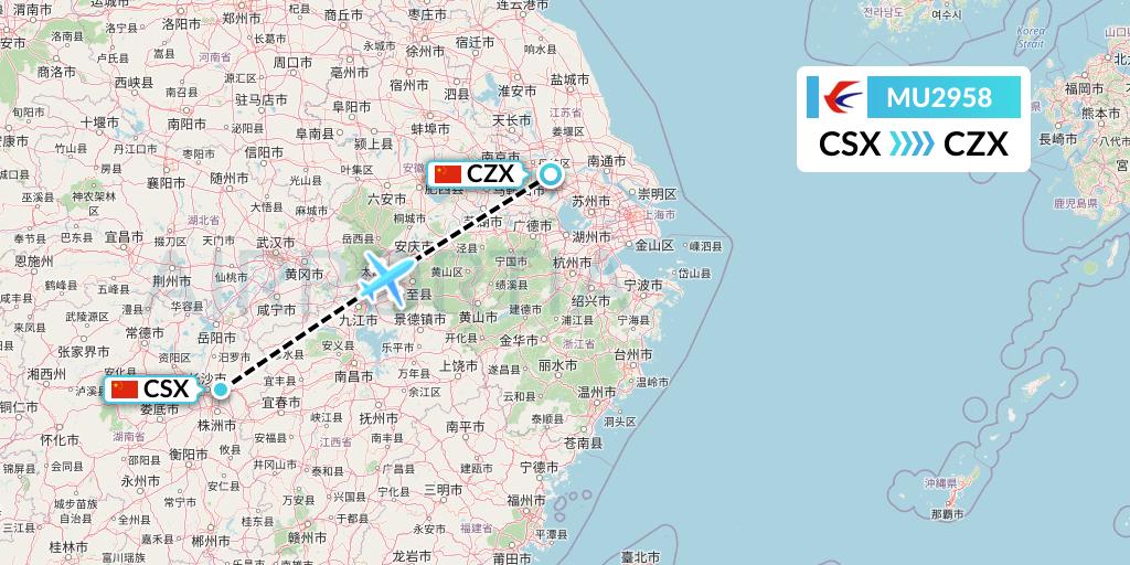MU2958 China Eastern Airlines Flight Map: Changsha to Changzhou