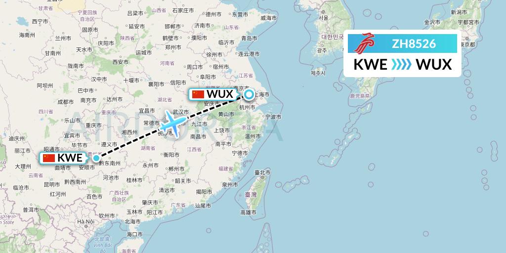 ZH8526 Shenzhen Airlines Flight Map: Guiyang to Wuxi