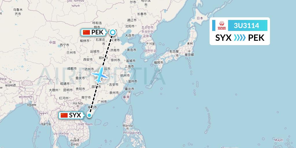 3U3114 Sichuan Airlines Flight Map: Sanya to Beijing
