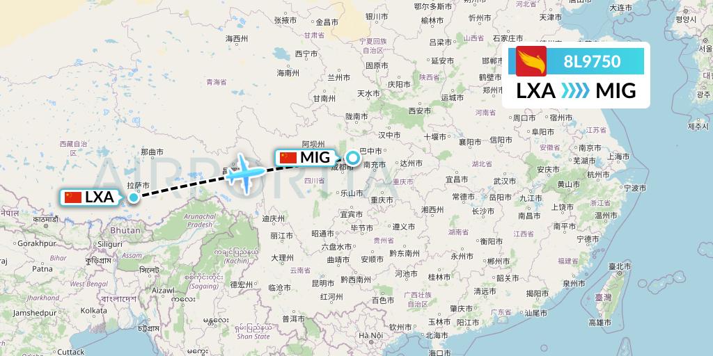 8L9750 Lucky Air Flight Map: Lhasa to Mianyang