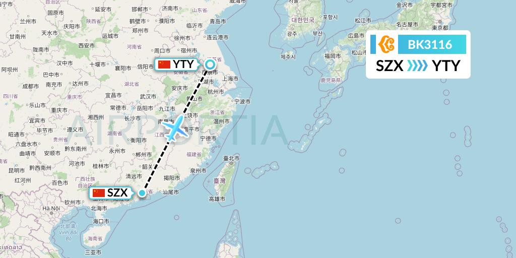 BK3116 Okay Airways Flight Map: Shenzhen to Yangzhou