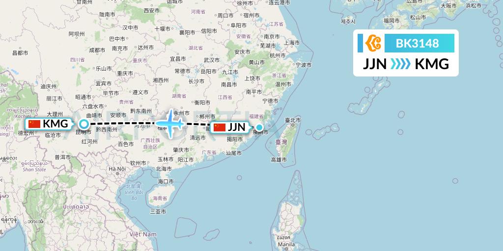 BK3148 Okay Airways Flight Map: Jinjiang to Kunming
