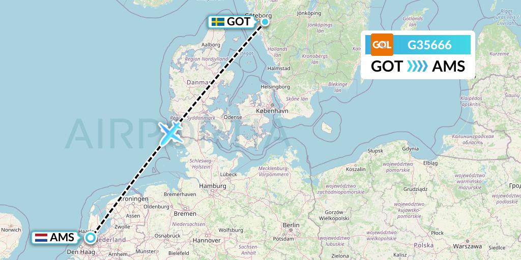 G35666 GOL Transportes Aeros Flight Map: Gothenburg to Amsterdam