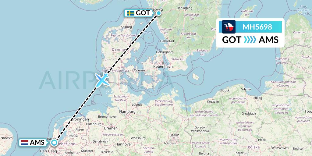 MH5698 Malaysia Airlines Flight Map: Gothenburg to Amsterdam