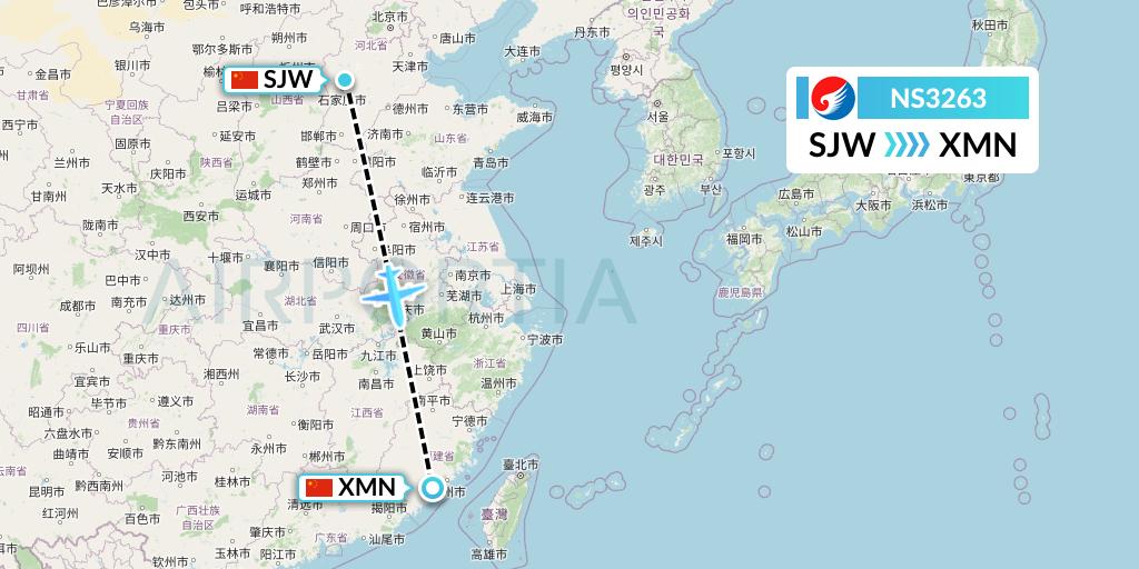 NS3263 Hebei Airlines Flight Map: Shijiazhuang to Xiamen