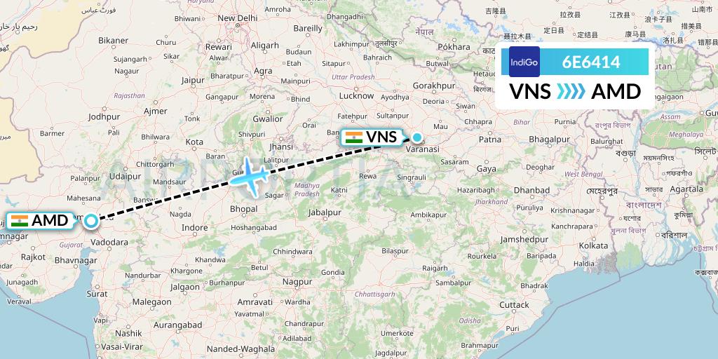 6E6414 IndiGo Airlines Flight Map: Varanasi to Ahmedabad