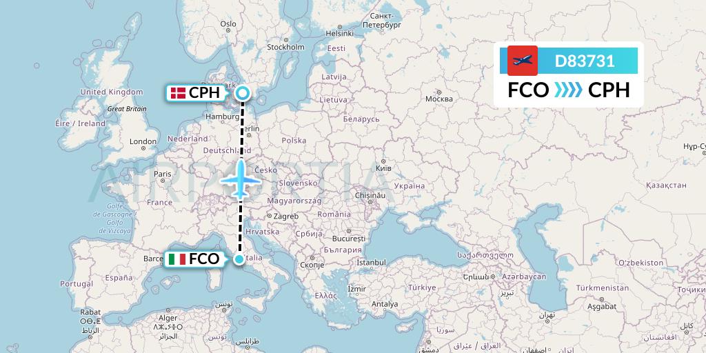 D83731 Norwegian Air International Flight Map: Rome to Copenhagen