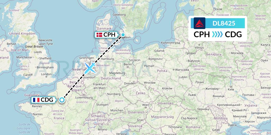DL8425 Delta Air Lines Flight Map: Copenhagen to Paris