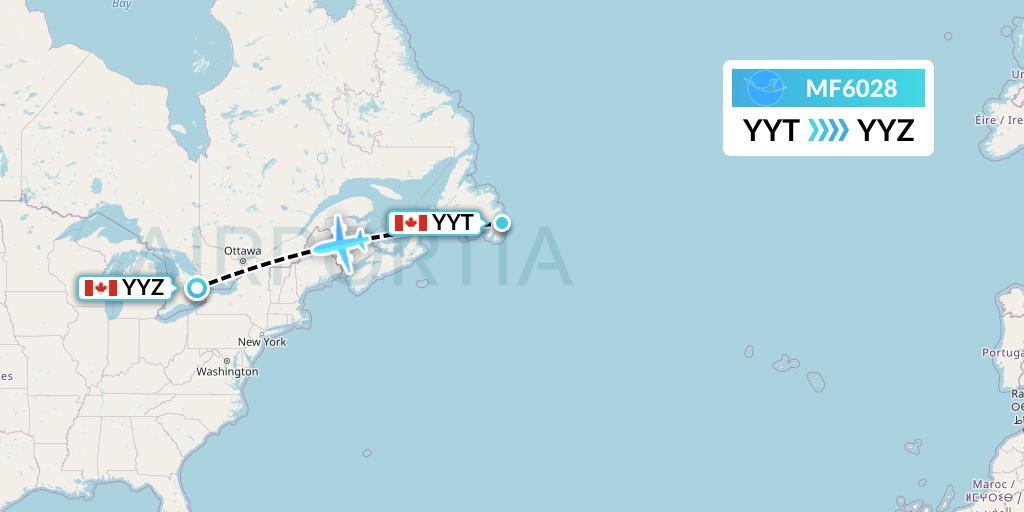 MF6028 Xiamen Airlines Flight Map: St. John's to Toronto