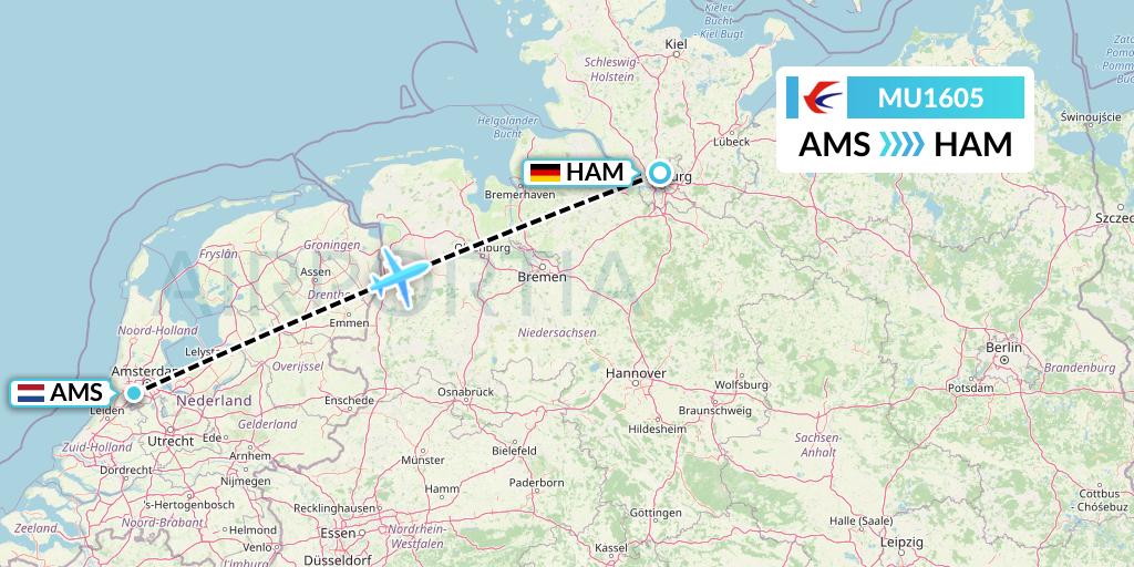 MU1605 China Eastern Airlines Flight Map: Amsterdam to Hamburg