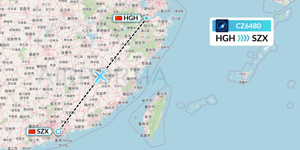CZ6480 China Southern Airlines Flight Map: Hangzhou to Shenzhen