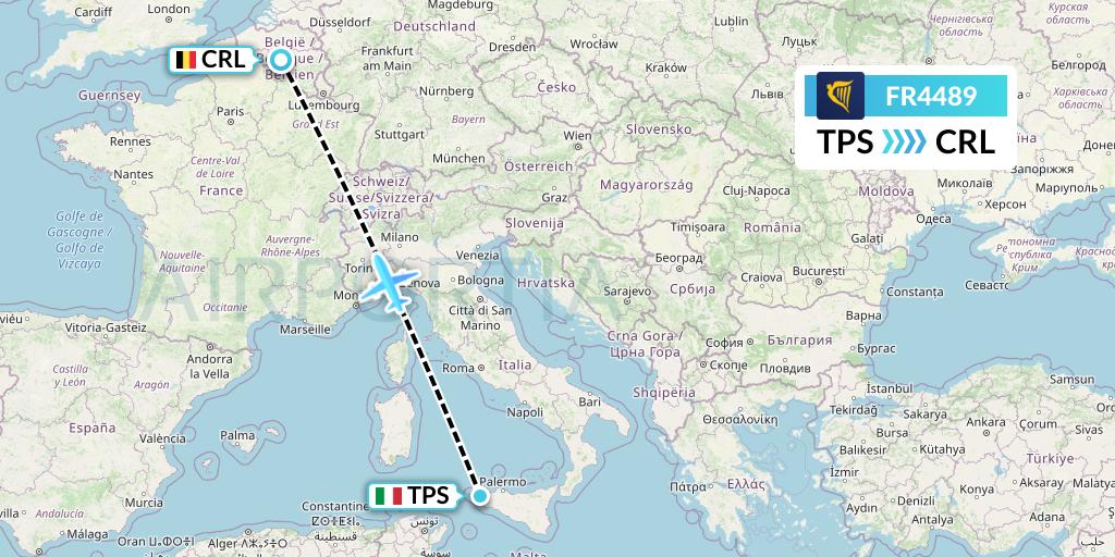 FR4489 Ryanair Flight Map: Trapani to Brussels