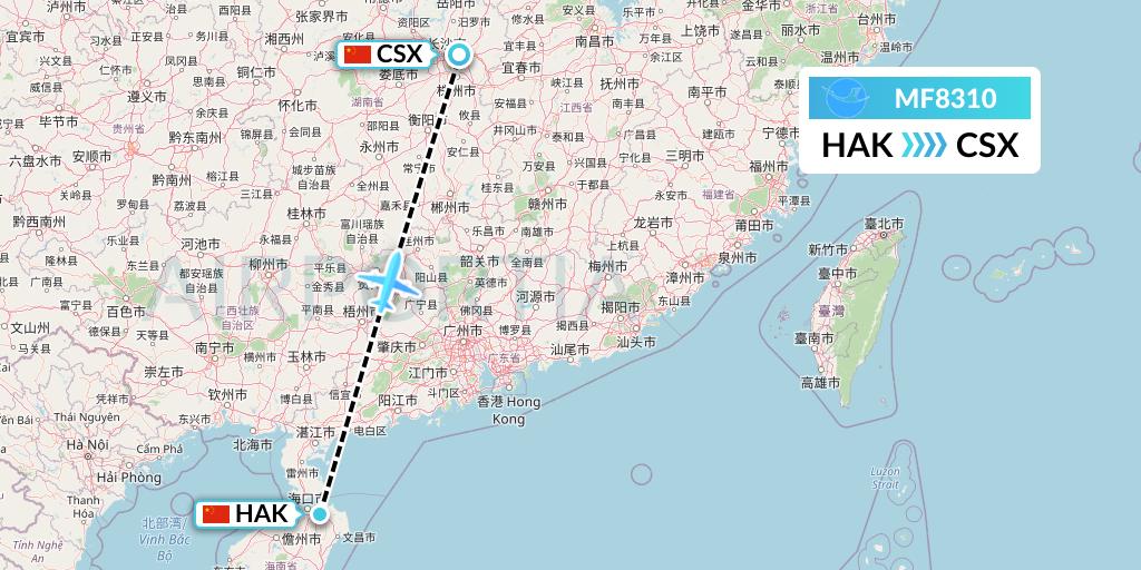 MF8310 Xiamen Airlines Flight Map: Haikou to Changsha
