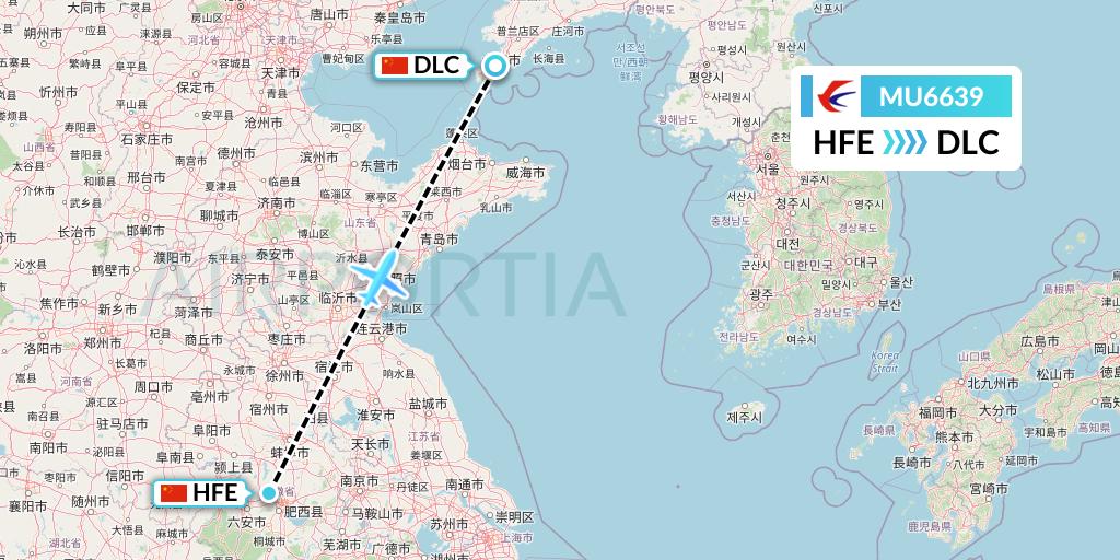 MU6639 China Eastern Airlines Flight Map: Hefei to Dalian