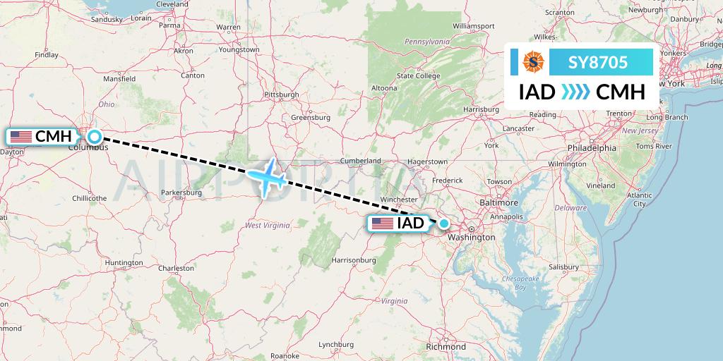 SY8705 Sun Country Airlines Flight Map: Washington to Columbus
