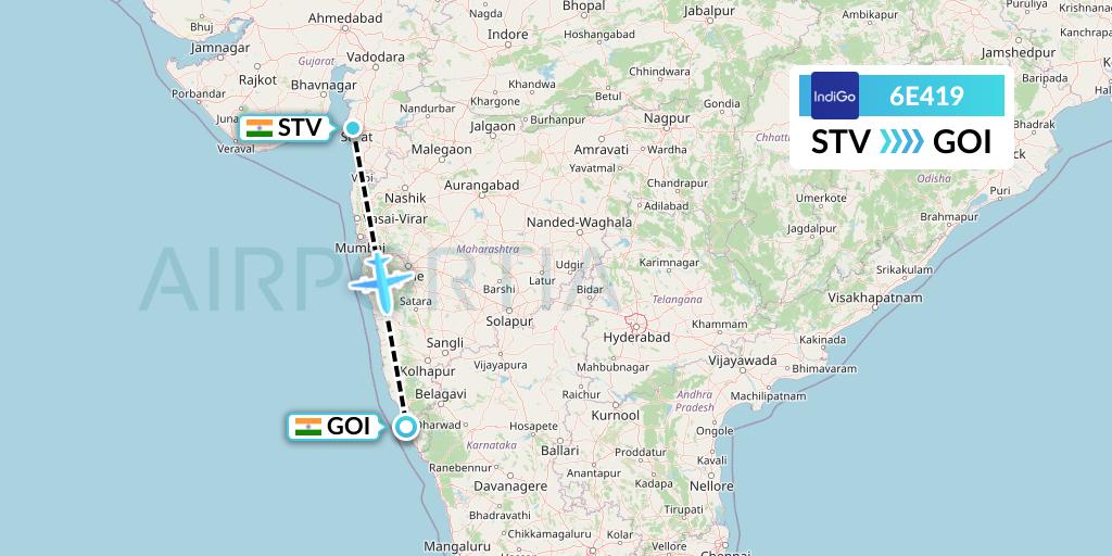 6E419 IndiGo Airlines Flight Map: Surat to Goa