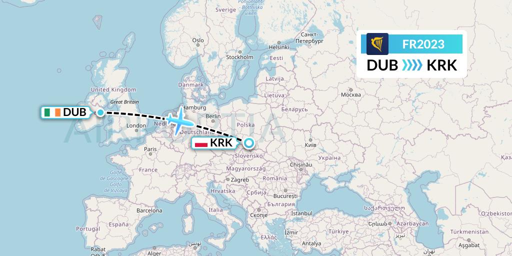 FR2023 Ryanair Flight Map: Dublin to Krakow