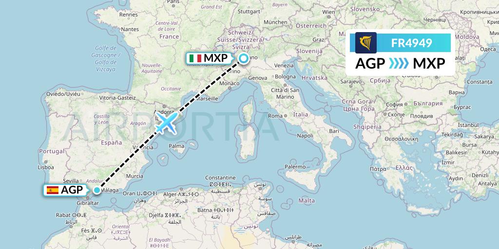 FR4949 Ryanair Flight Map: Malaga to Milan
