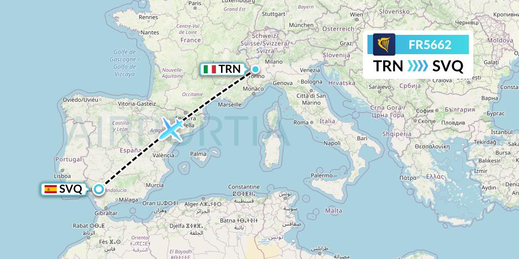 FR5662 Ryanair Flight Map: Turin to Seville