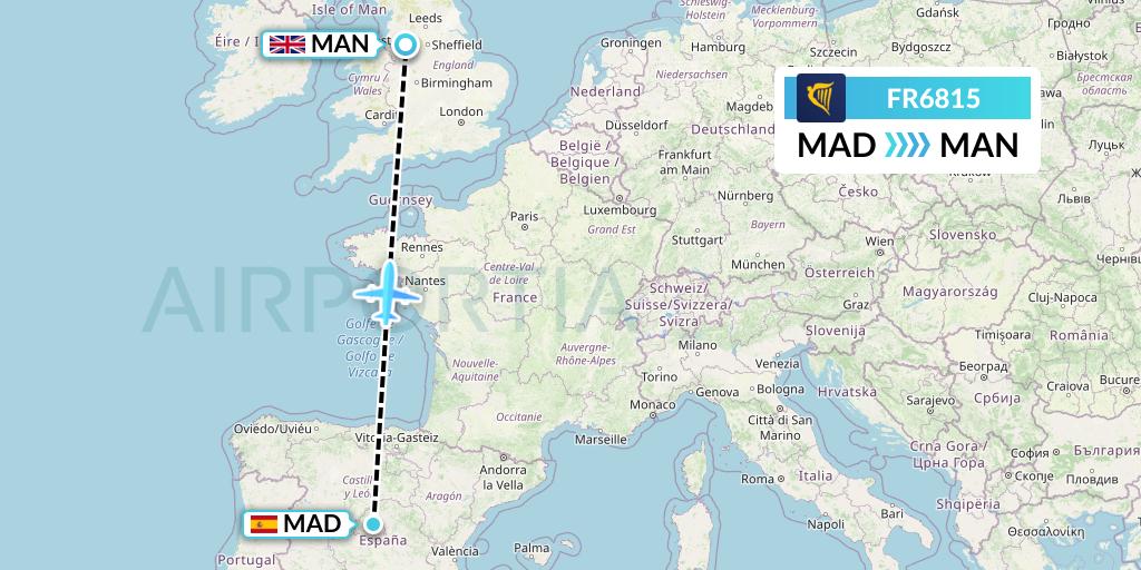FR6815 Ryanair Flight Map: Madrid to Manchester