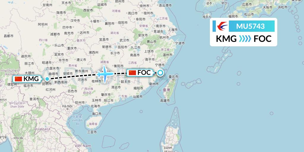 MU5743 China Eastern Airlines Flight Map: Kunming to Fuzhou