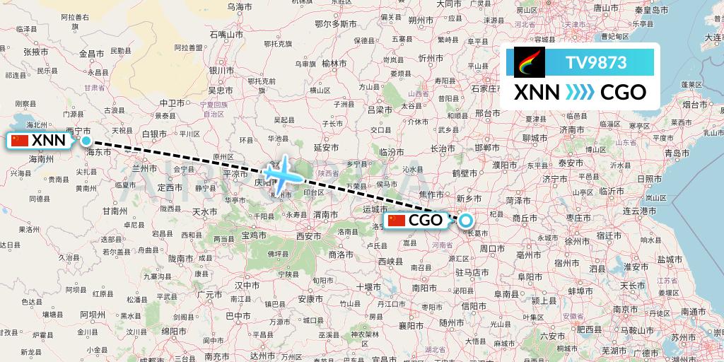 TV9873 Tibet Airlines Flight Map: Xining to Zhengzhou