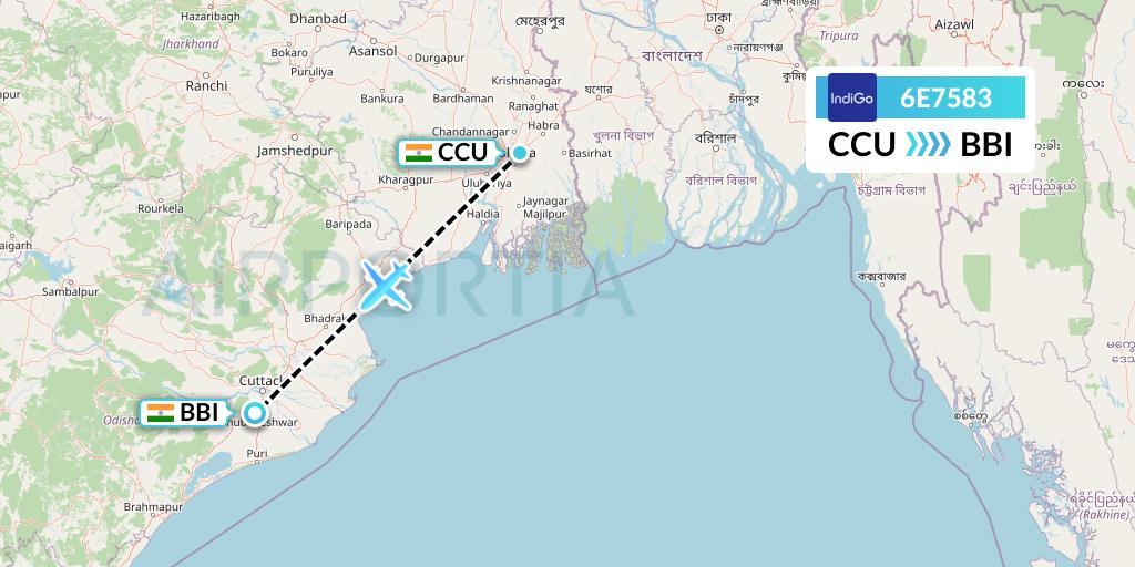 6E7583 IndiGo Airlines Flight Map: Kolkata to Bhubaneswar
