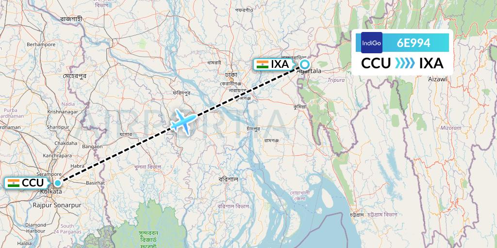 6E994 IndiGo Airlines Flight Map: Kolkata to Agartala