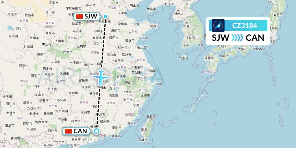 CZ3184 China Southern Airlines Flight Map: Shijiazhuang to Guangzhou